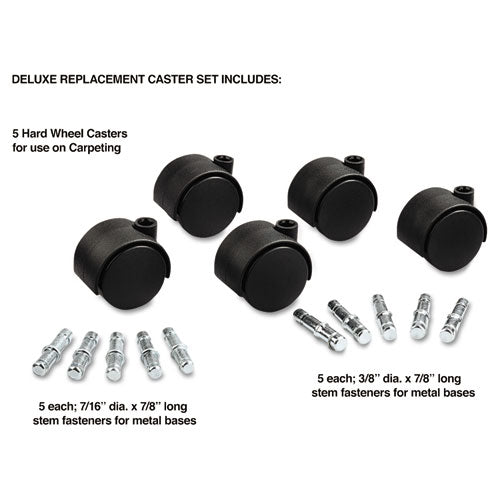 Deluxe Duet Casters, Grip Ring Type B And Type K Stems, 2" Hard Nylon Wheel, Matte Black, 5/set