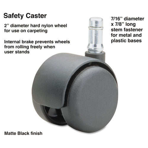 Safety Casters, Standard Neck, Grip Ring Type B Stem, 2" Hard Nylon Wheel, Matte Black, 5/set