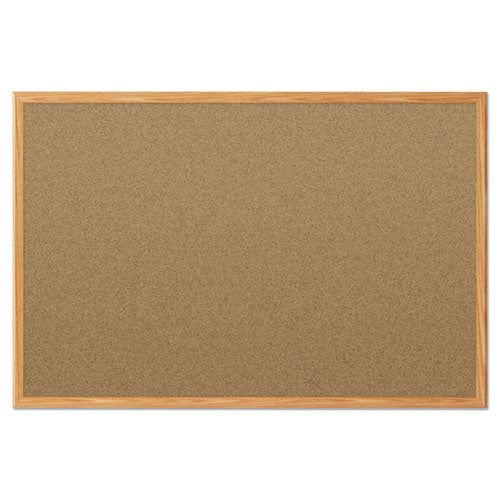 Economy Cork Board With Oak Frame, 48 X 36, Natural Surface, Oak Fiberboard Frame