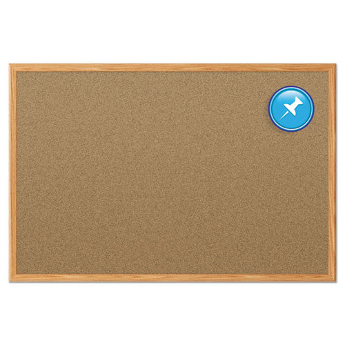 Economy Cork Board With Oak Frame, 48 X 36, Natural Surface, Oak Fiberboard Frame