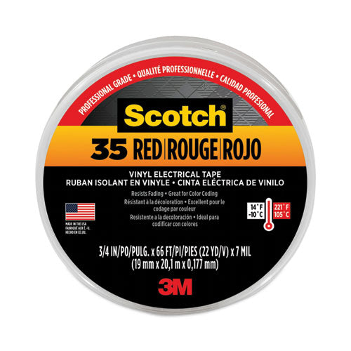 Scotch 35 Vinyl Electrical Color Coding Tape, 3" Core, 0.75" X 66 Ft, Red