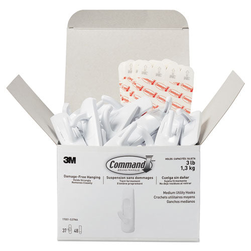 General Purpose Hooks, Medium, Plastic, White, 3 Lb Capacity, 37 Hooks And 48 Strips/pack