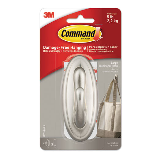 Decorative Hooks, Medium, Metal, Brushed Nickel, 3 Lb Capacity, 2 Hooks And 4 Strips/pack