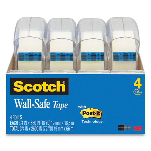 Wall-safe Tape With Dispenser, 1" Core, 0.75" X 54.17 Ft, Clear, 4/pack