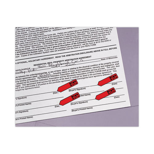 Arrow Message 0.5" Page Flags In Dispenser, "sign Here", Red, 20 Flags Dispenser, 4 Dispensers/pack