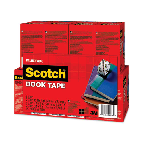 Book Tape Value Pack, 3" Core, (2) 1.5" X 15 Yds, (4) 2" X 15 Yds, (2) 3" X 15 Yds, Clear, 8/pack