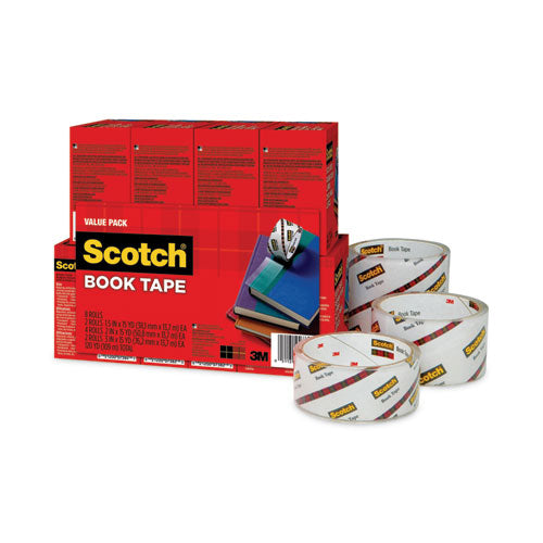 Book Tape Value Pack, 3" Core, (2) 1.5" X 15 Yds, (4) 2" X 15 Yds, (2) 3" X 15 Yds, Clear, 8/pack