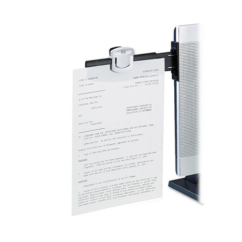 Swing Arm Copyholder, Adhesive Monitor Mount, 30 Sheet Capacity, Plastic, Black/silver Clip