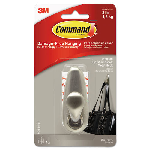 Adhesive Mount Metal Hook, Large, Brushed Nickel Finish, 5 Lb Capacity, 2 Hooks And 4 Strips/pack