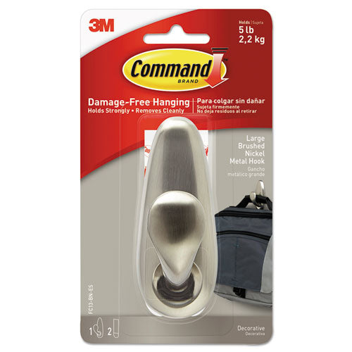 Adhesive Mount Metal Hook, Large, Brushed Nickel Finish, 5 Lb Capacity, 1 Hook And 2 Strips/pack