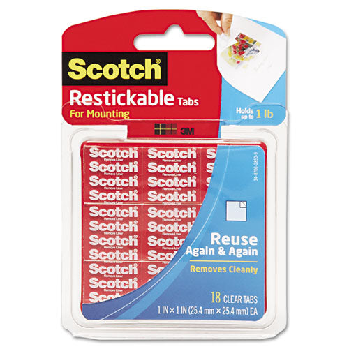 Restickable Mounting Tabs, Repositionable, Holds Up To 0.6 Lb, 0.88 X 0.88, Clear, 18/pack
