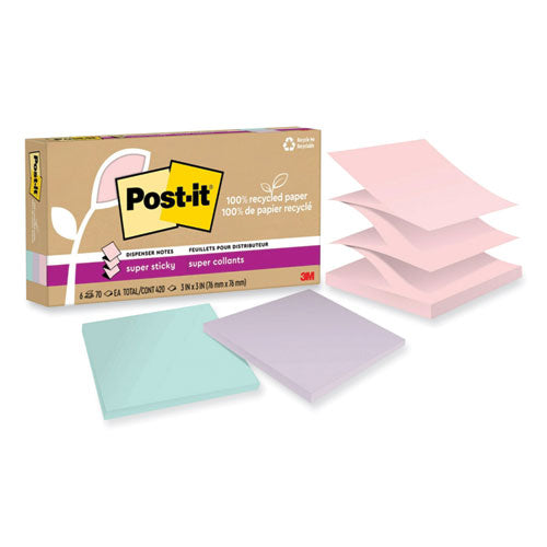 100% Recycled Paper Super Sticky Notes, 3" X 3", Wanderlust Pastels, 70 Sheets/pad, 6 Pads/pack