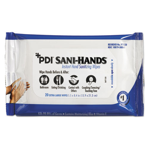 PDI Sani-Hands Instant Hand Sanitizing Wipes, 1-Ply, 5.5 x 8.4, White, 20/Pack, 48 Packs/Carton