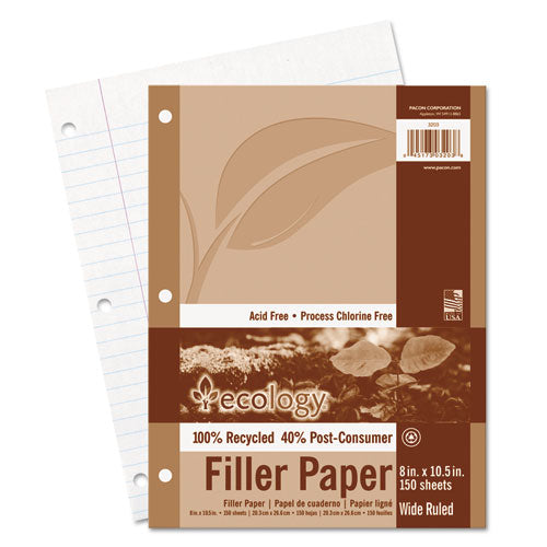 Ecology Filler Paper, 3-hole, 8 X 10.5, Wide/legal Rule, 150/pack