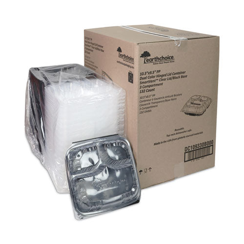 Earthchoice Vented Dual Color Microwavable Hinged Lid Container, 3-comp Base/lid, 34 Oz, 10.5x9.5x3, Blk/clr, Plastic, 132/ct