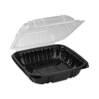 Earthchoice Vented Dual Color Microwavable Hinged Lid Container, 1-compartment, 28oz, 7.5x7.5x3, Black/clear, Plastic, 150/ct