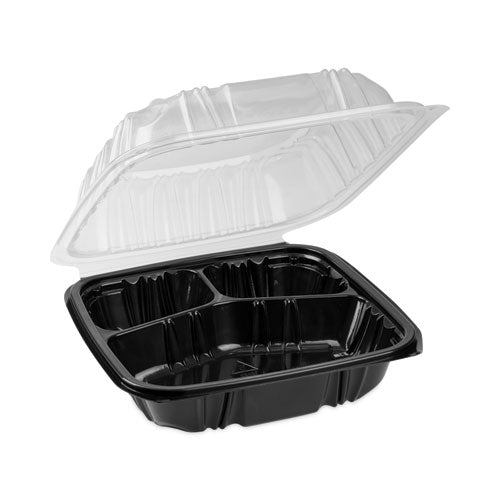 Earthchoice Vented Dual Color Microwavable Hinged Lid Container, 3-compartment, 21oz, 8.5x8.5x3, Black/clear, Plastic, 150/ct