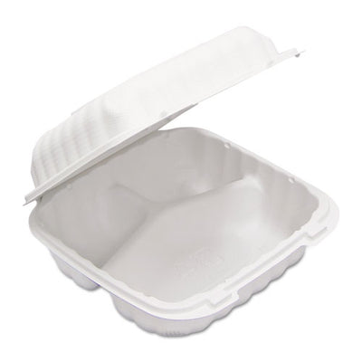 Earthchoice Smartlock Microwavable Mfpp Hinged Lid Container, 3-compartment, 9 X 9 X 3.1, White, Plastic, 120/carton