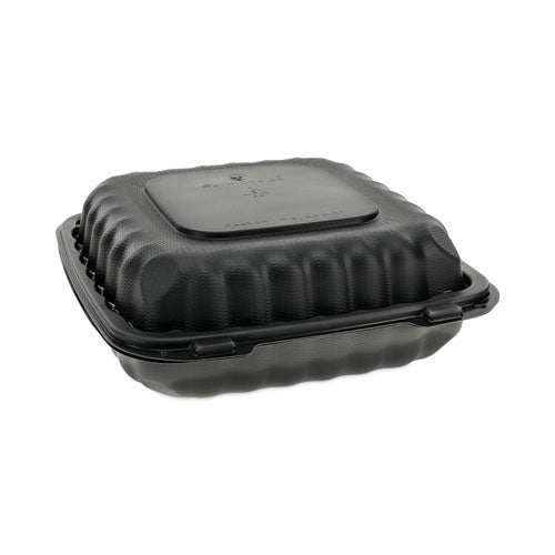 Earthchoice Smartlock Microwavable Mfpp Hinged Lid Container, 3-compartment, 9.33 X 8.88 X 3.1, Black, Plastic, 120/carton