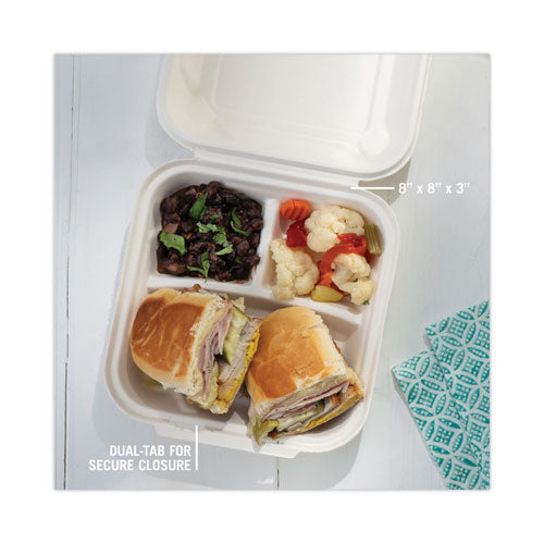Earthchoice Bagasse Hinged Lid Container, 3-compartment, Dual Tab Lock, 7.8 X 7.8 X 2.8, Natural, Sugarcane, 150/carton