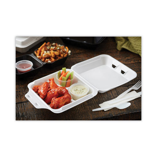 Vented Foam Hinged Lid Container, Dual Tab Lock Economy, 3-compartment, 8.42 X 8.15 X 3, White, 150/carton