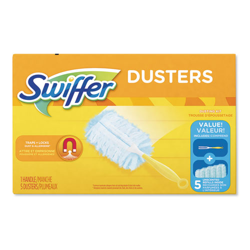 Dusters Starter Kit, Dust Lock Fiber, 6" Handle, Blue/yellow, 6/carton