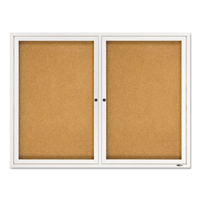 Enclosed Indoor Cork Bulletin Board With Two Hinged Doors, 48 X 36, Natural Surface, Silver Aluminum Frame