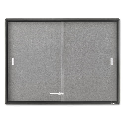 Enclosed Indoor Cork And Gray Fabric Bulletin Board With Two Sliding Glass Doors, 48 X 36, Graphite Gray Aluminum Frame