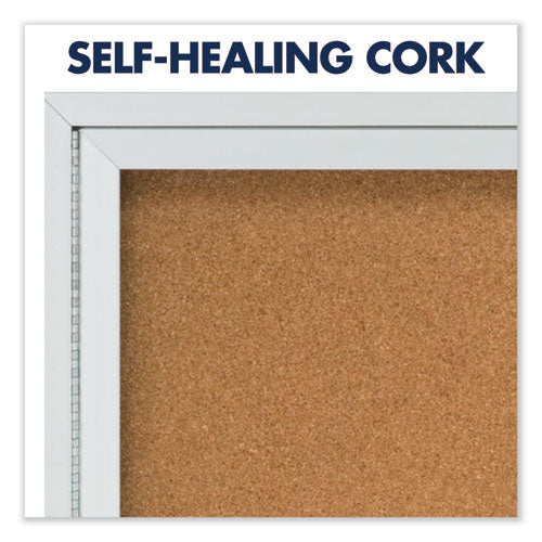 Enclosed Indoor Cork Bulletin Board With Two Hinged Doors, 48 X 36, Natural Surface, Silver Aluminum Frame