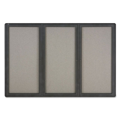 Enclosed Indoor Fabric Bulletin Board With Three Hinged Doors, 72 X 48, Gray Surface, Graphite Aluminum Frame