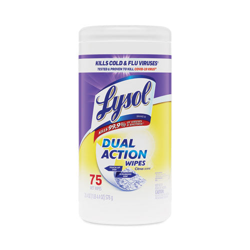 Dual Action Disinfecting Wipes, 7 X 7.5, Citrus, White/purple, 75/canister