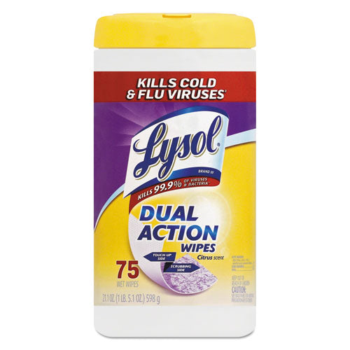 Dual Action Disinfecting Wipes, 7 X 7.5, Citrus, White/purple, 75/canister