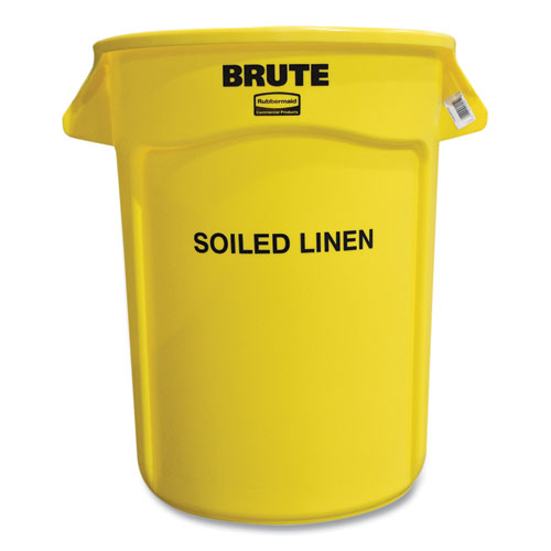 Vented Round Brute Container, "soiled Linen" Imprint, 32 Gal, Plastic, Yellow
