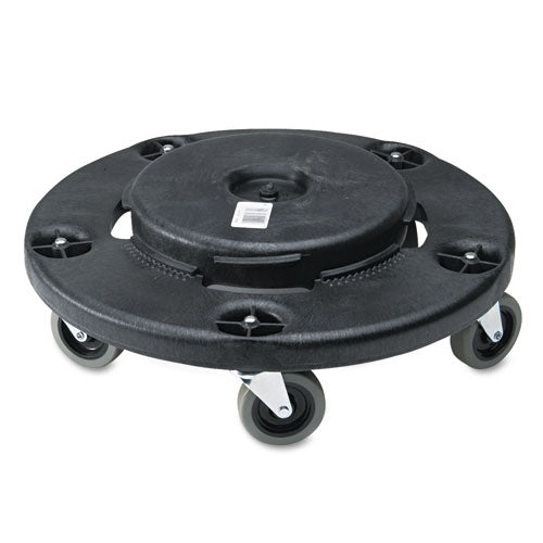 Brute Round Twist On/off Dolly, 250 Lb Capacity, 18" Dia X 6.63"h, Fits 20 To 55 Gallon Brute Containers, Black