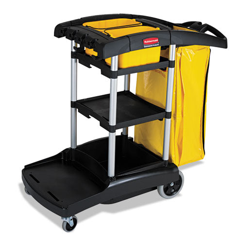 High Capacity Cleaning Cart, Plastic, 4 Shelves, 2 Bins, 21.75" X 49.75" X 38.38", Black