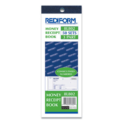 Receipt Book, Three-part Carbonless, 7 X 2.75, 4 Forms/sheet, 50 Forms Total
