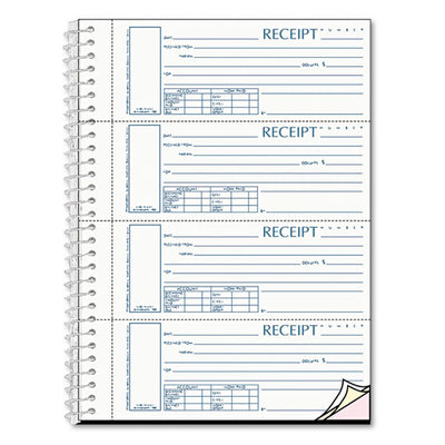 Spiralbound Unnumbered Money Receipt Book, Three-part Carbonless, 7 X 2.75, 4 Forms/sheet, 120 Forms Total