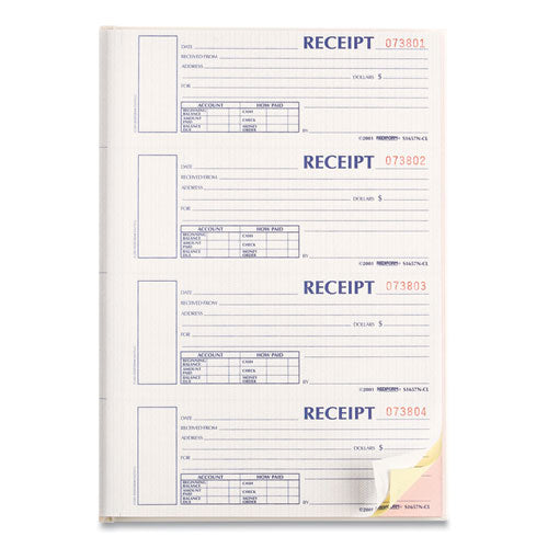 Durable Hardcover Numbered Money Receipt Book, Three-part Carbonless, 6.88 X 2.75, 4 Forms/sheet, 200 Forms Total