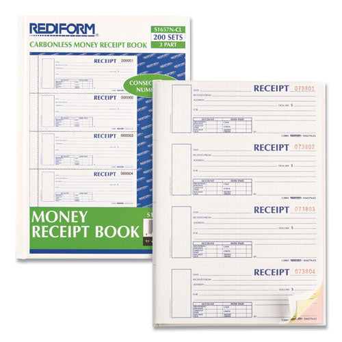 Durable Hardcover Numbered Money Receipt Book, Three-part Carbonless, 6.88 X 2.75, 4 Forms/sheet, 200 Forms Total