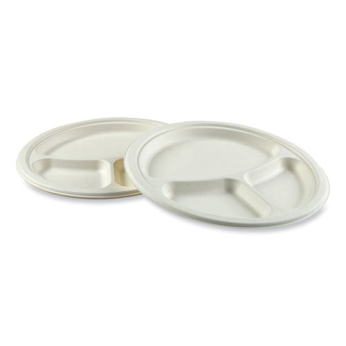 Bagasse Pfas-free Dinnerware, 3-compartment Plate, 10.24" Dia, White, 500/carton