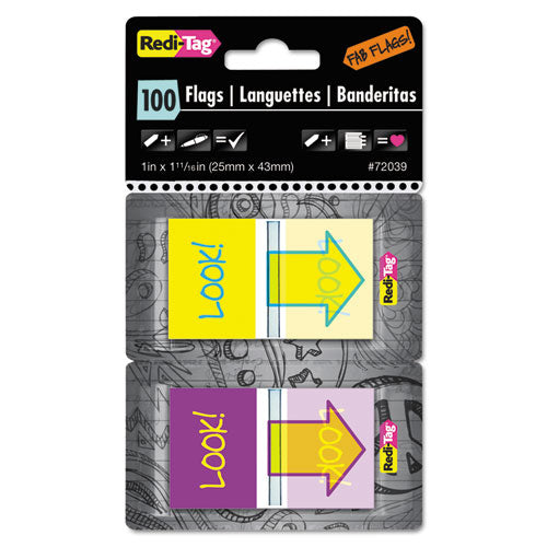 Pop-up Fab Page Flags W/dispenser, "look!", Purple/yellow; Yellow/teal, 100/pack