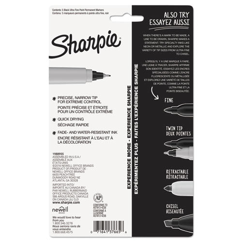 Ultra Fine Tip Permanent Marker, Extra-fine Needle Tip, Black, 5/pack