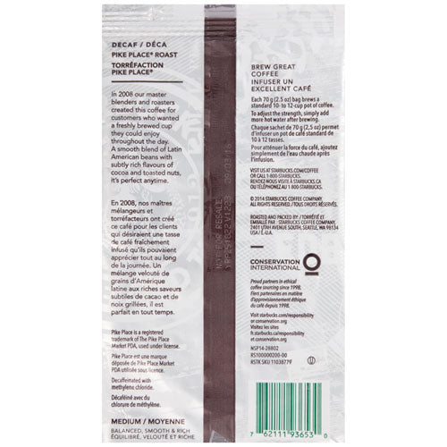 Coffee, Pike Place Decaf, 2 1/2 Oz Packet, 18/box