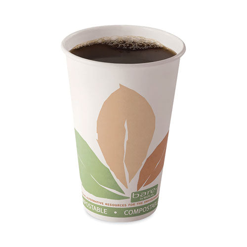 Bare Eco-forward Pla Paper Hot Cups, 16 Oz, Leaf Design, White/green/orange, 50/pack