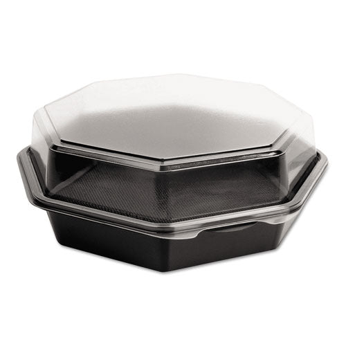 OctaView Hinged-Lid Cold Food Containers, 42 oz, 9.57 x 9.2 x 3.2, Black/Clear, Plastic, 100/Carton