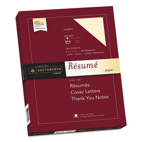 100% Cotton Resume Paper, 24 Lb Bond Weight, 8.5 X 11, Ivory, 100/pack