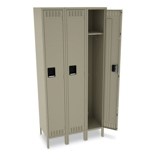 Single-tier Locker With Legs, Three Lockers With Hat Shelves And Coat Rods, 36w X 18d X 78h, Sand