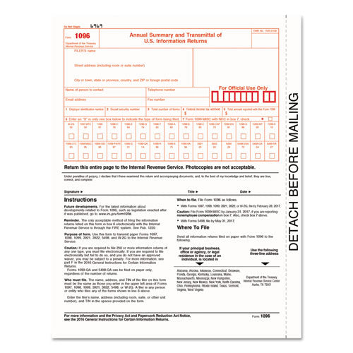1096 Tax Form For Dot Matrix Printers, Fiscal Year: 2022, Two-part Carbonless, 8 X 11, 10 Forms Total