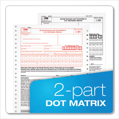 1096 Tax Form For Dot Matrix Printers, Fiscal Year: 2022, Two-part Carbonless, 8 X 11, 10 Forms Total