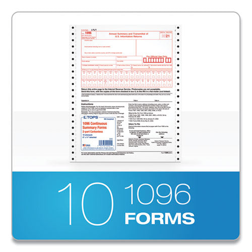 1096 Tax Form For Dot Matrix Printers, Fiscal Year: 2022, Two-part Carbonless, 8 X 11, 10 Forms Total